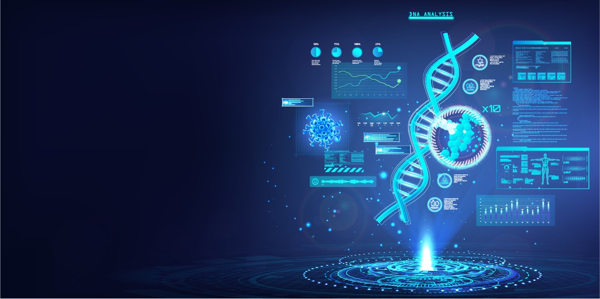 DNA analysis dashboard with sequence charts, graphs and a glowing double helix