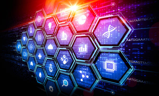 Hexagonal grid of science icons — DNA helix, microscope, cloud, chip and charts