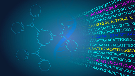 Chemical structure diagrams beside rows of coloured DNA sequence letters