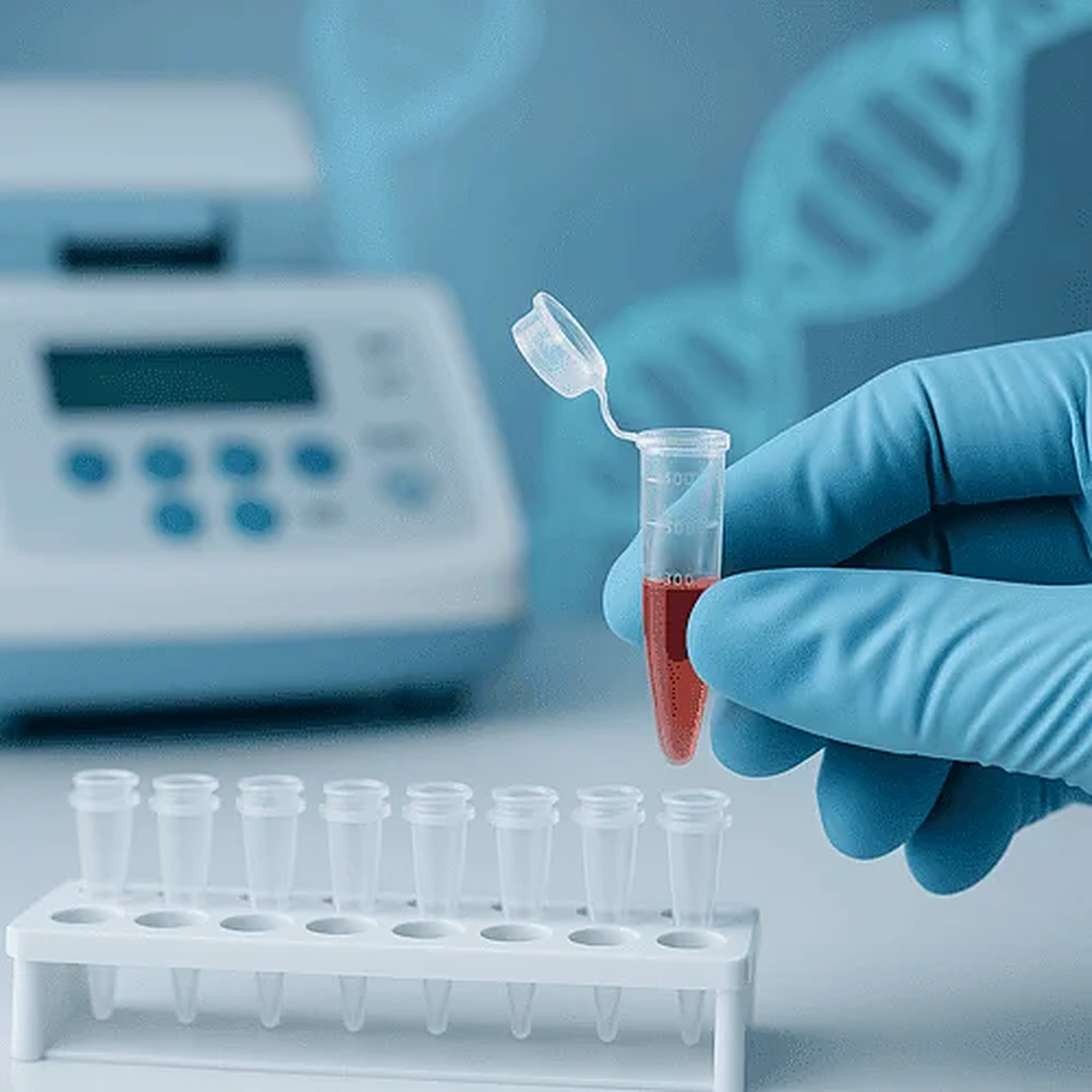 PCR tube in a laboratory rack with a DNA helix behind it