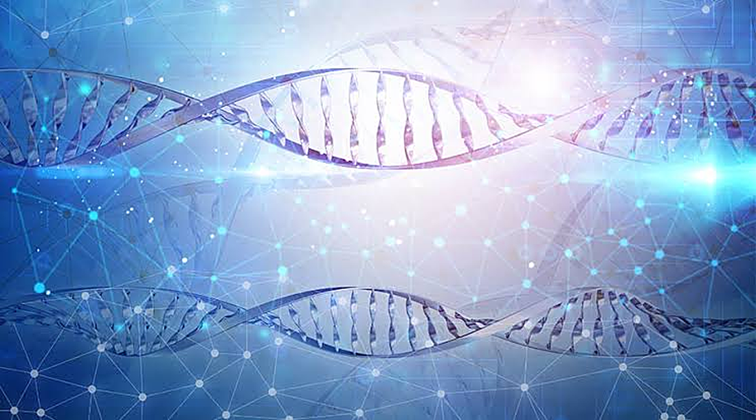 DNA strands connected by a network of data points