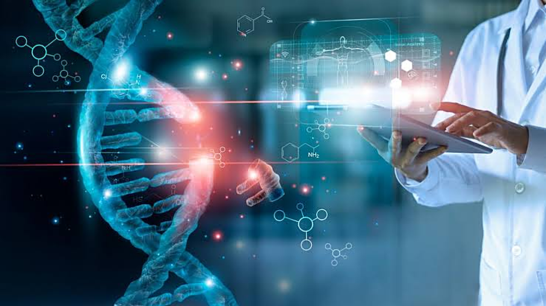DNA double helix with molecular structure overlays beside a researcher using a tablet