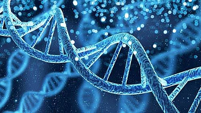 DNA strands glowing against a dark background