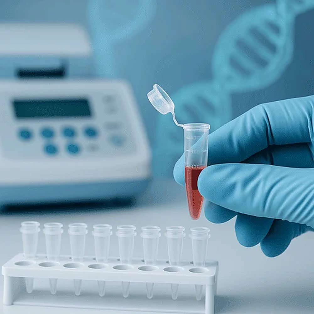 PCR tube in a laboratory rack with a DNA helix behind it