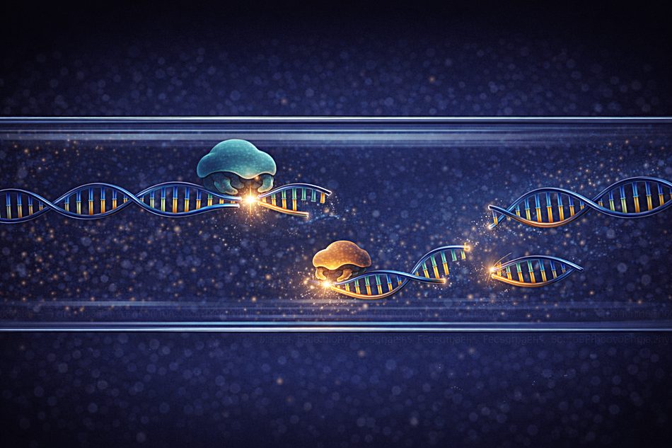An enzyme protein bound to a DNA strand
